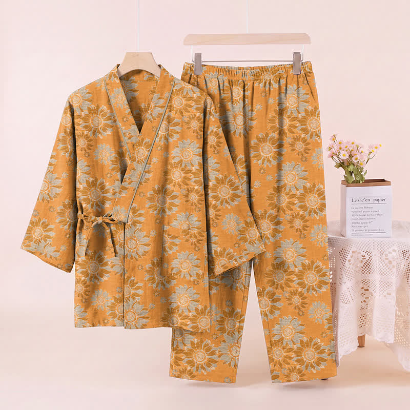 Retro Sunflower Cotton Kimono Pajama Set - image 2
