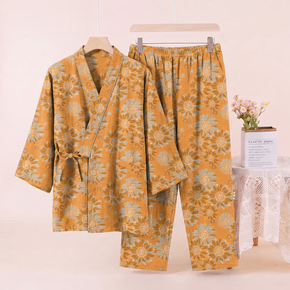 Retro Sunflower Cotton Kimono Pajama Set - image 2