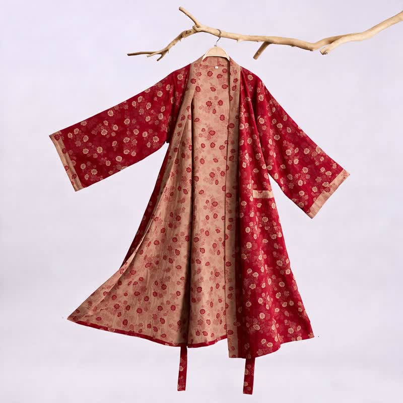Retro Flower Cotton Gauze Kimono Robe - Red - XL - image 0