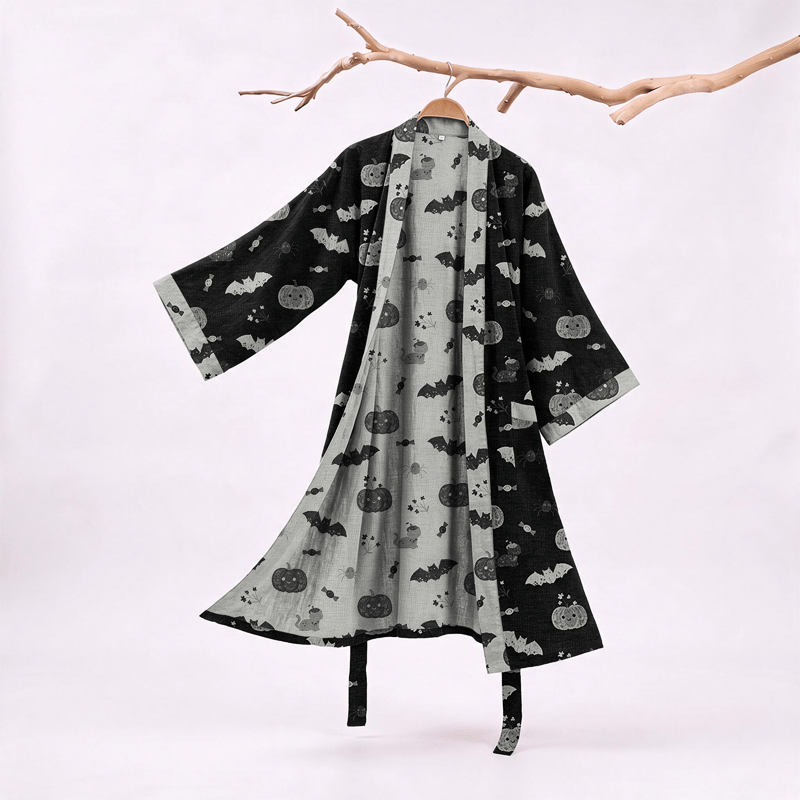 Halloween Pumpkin Bat Cotton Kimono Robe - Black - XXL - image 0