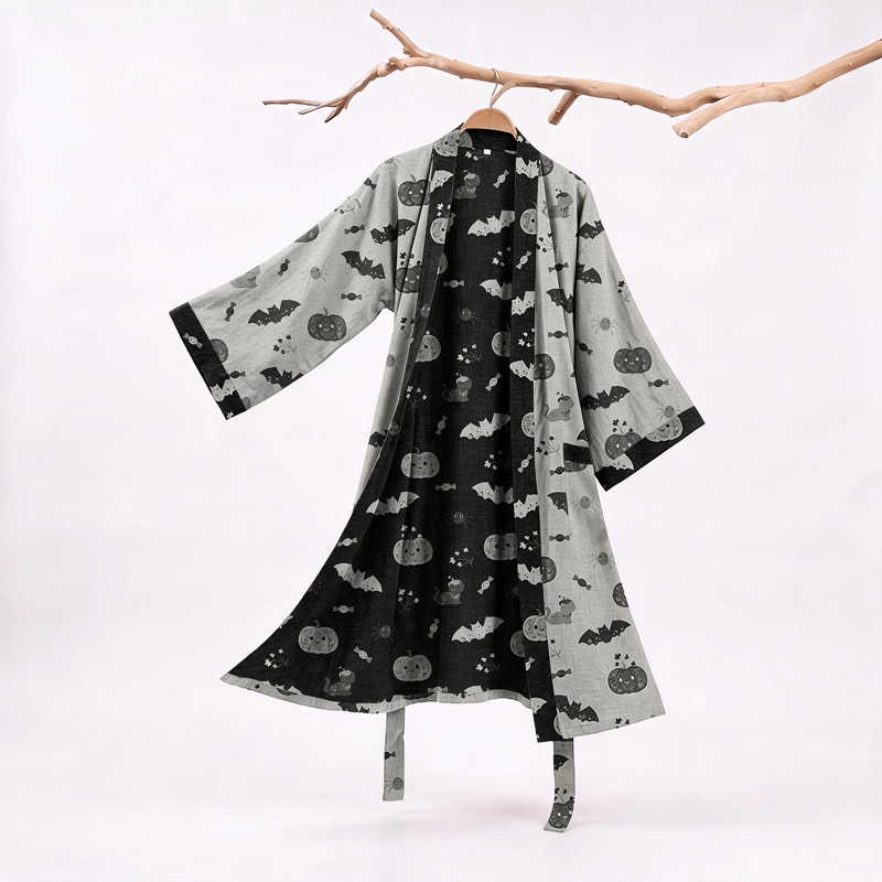 Halloween Pumpkin Bat Cotton Kimono Robe - Gray - XXL - image 5