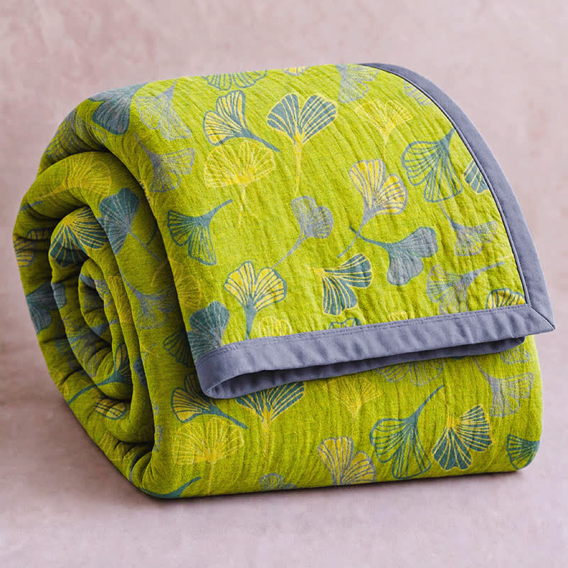 Green‑Gray Ginkgo Leaf Cotton Blanket - Green - 92" x 104" - image 0