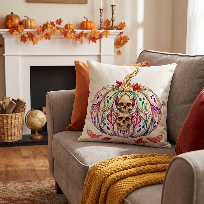 Mystical Twin Skull Pumpkin Throw Pillow Cover - image 3