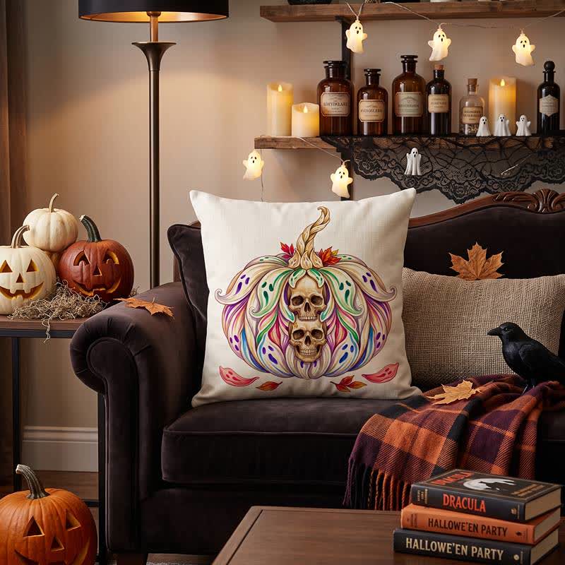 Mystical Twin Skull Pumpkin Throw Pillow Cover - image 1