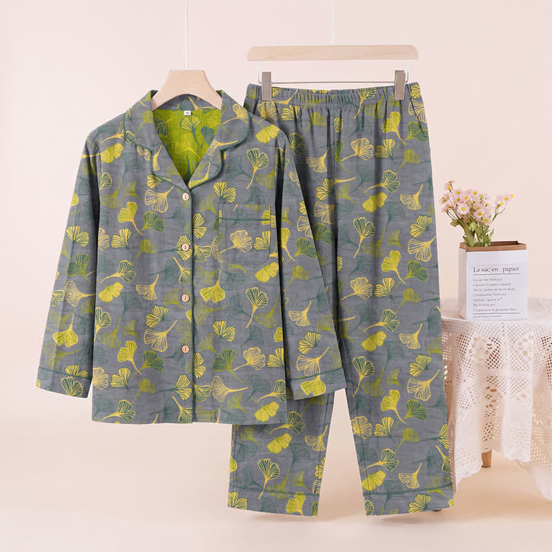 Nature‑Inspired Ginkgo Leaf Cotton Loungewear Set - Light Gray - XL - image 6