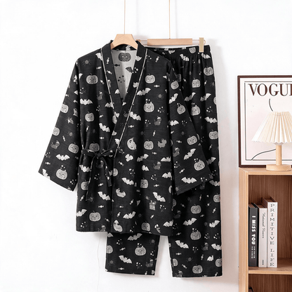 Halloween Bat Pumpkin Cotton Kimono Pajama Set - Black - XL - image 1
