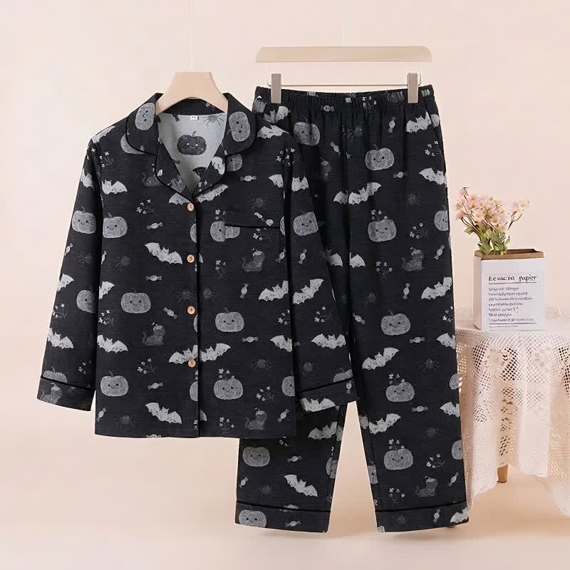 Halloween Pumpkin Bat Cotton Gauze Loungewear Set - Black - XL - image 0