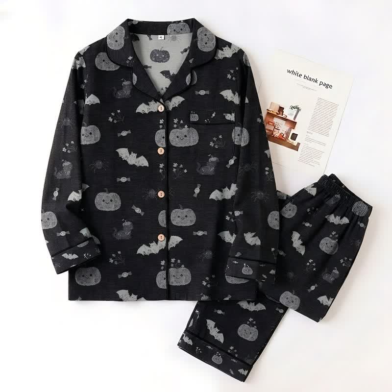 Halloween Pumpkin Bat Cotton Gauze Loungewear Set - image 2
