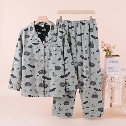 Halloween Pumpkin Bat Cotton Gauze Loungewear Set - Gray - XL - image 5