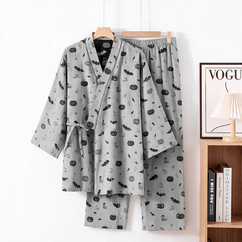 Halloween Bat Pumpkin Cotton Kimono Pajama Set - Gray - XL - image 6
