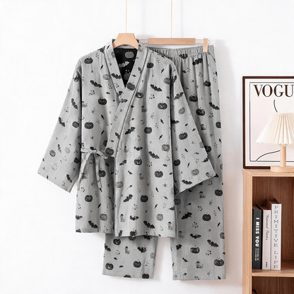 Halloween Bat Pumpkin Cotton Kimono Pajama Set - Gray - XL - image 6