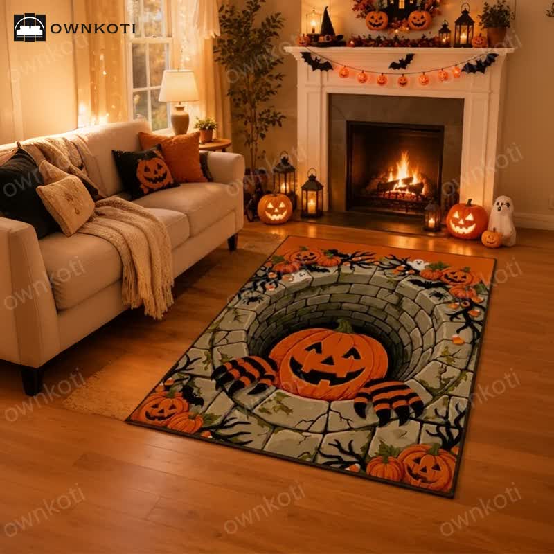 3D Halloween Pumpkin Optical Illusion Area Rug - image 3