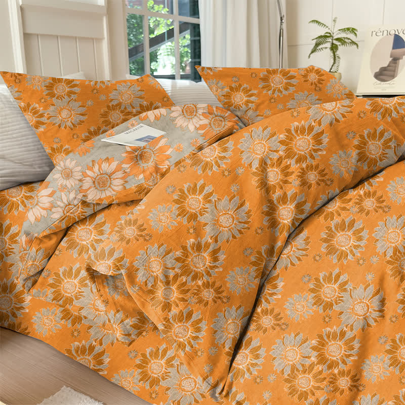 Vintage Sunflower Orange Cotton Bedding Set - Orange - King - 4PCS Bedding Set - image 0