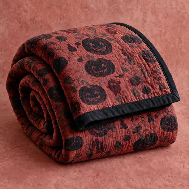 Burgundy Pumpkin Halloween Reversible Cotton Blanket - Red - Blanket - 92" x 104" - image 0