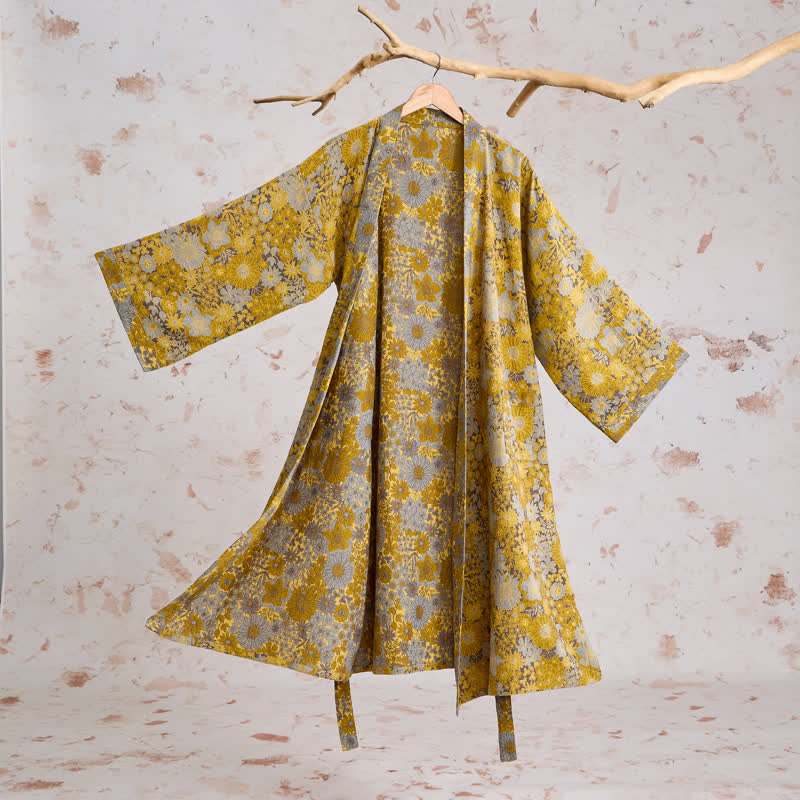Retro Muted Floral Cotton Lounge Robe - Light gray - 2XL - image 0