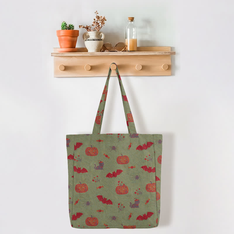 Halloween Pumpkin Bat Cotton Tote Shoulder Bag - image 7