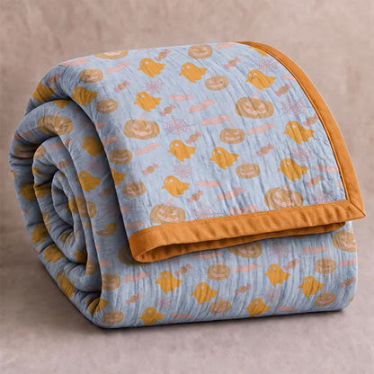 Reversible Halloween Pumpkin Ghost Cotton Blanket - Blue & Orange - Blanket - 98" x 94" - image 6