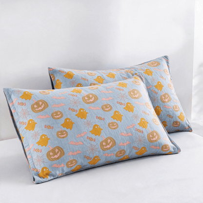 Reversible Halloween Pumpkin Ghost Cotton Blanket - Blue & Orange - 2PCS Pillowcases - 20" x 36" - image 11