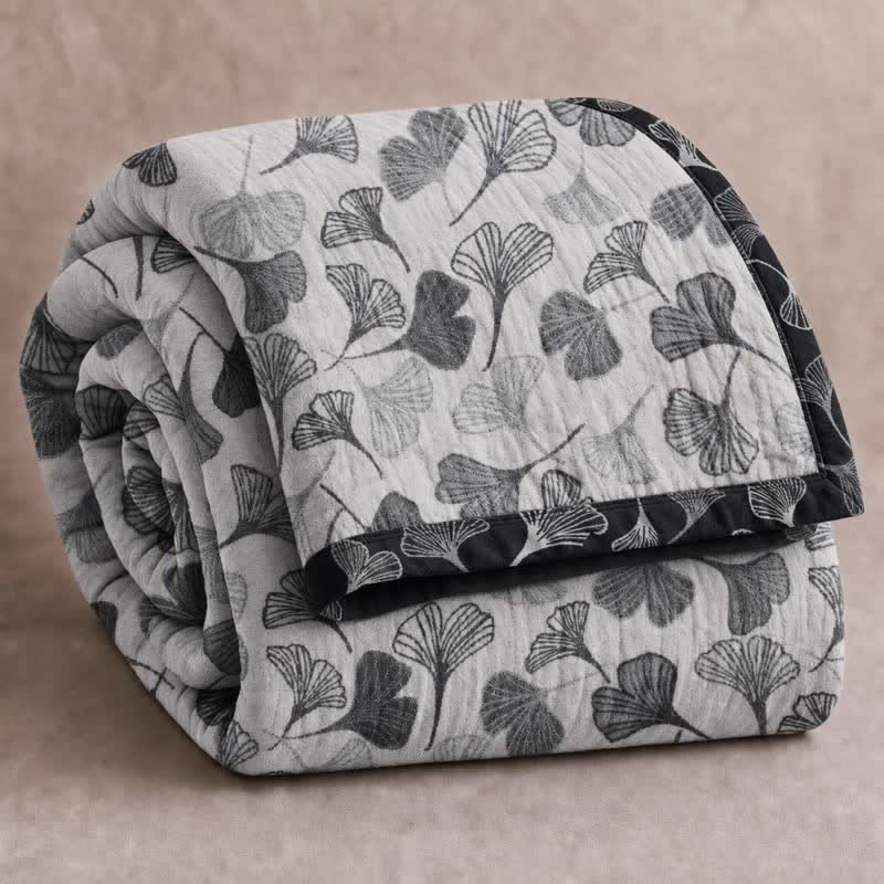 Grey‑Black Ginkgo Leaf Cotton Blanket - Light Gray - 98" x 94" - image 0