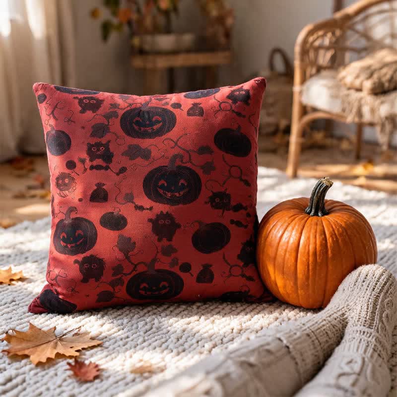 Multi‑Color Halloween Pumpkin & Monster Cotton Pillow - Red - 18" x 18" - With Insert - image 0
