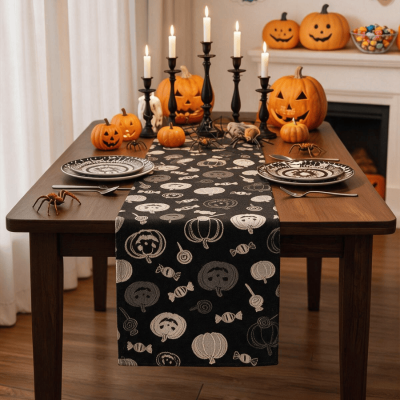 Black Halloween Pumpkin & Candy Cotton Table Runner - Black - 14" x 108" - image 0
