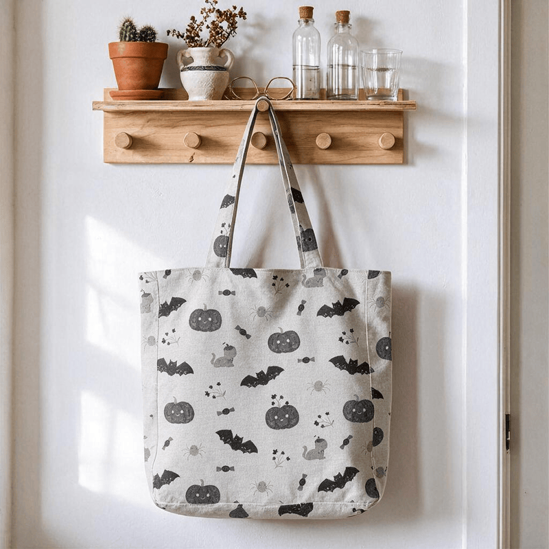 Halloween Pumpkin Cat Cotton Tote Shoulder Bag - Gray - 14.2"W × 15.4"H × 4.1"D - image 3