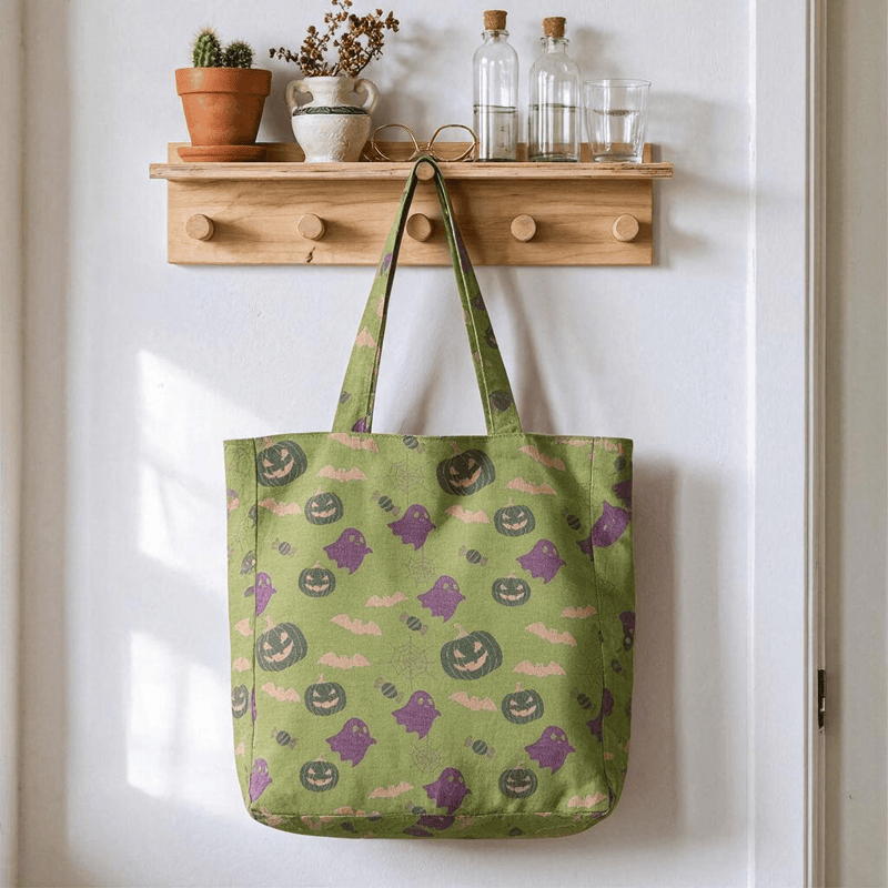 Multi‑Color Halloween Ghost Cotton Tote Bag - Green & Purple - 14.2"W × 15.4"H × 4.1"D - image 21