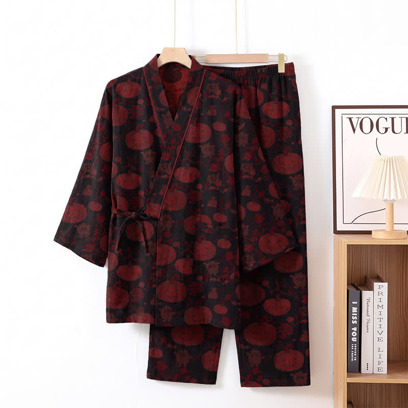 Halloween Pumpkin Cotton Kimono Pajama Set - Black - XL - image 6