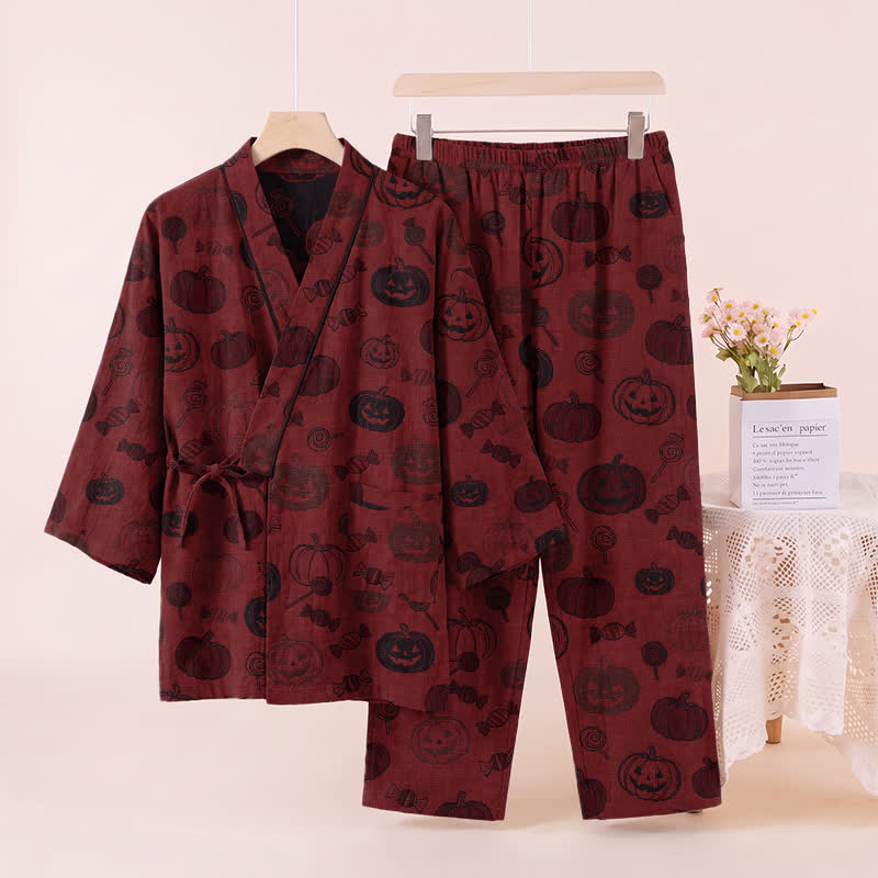 Halloween Pumpkin Candy Cotton Kimono Pajama Set - Red - XL - image 2
