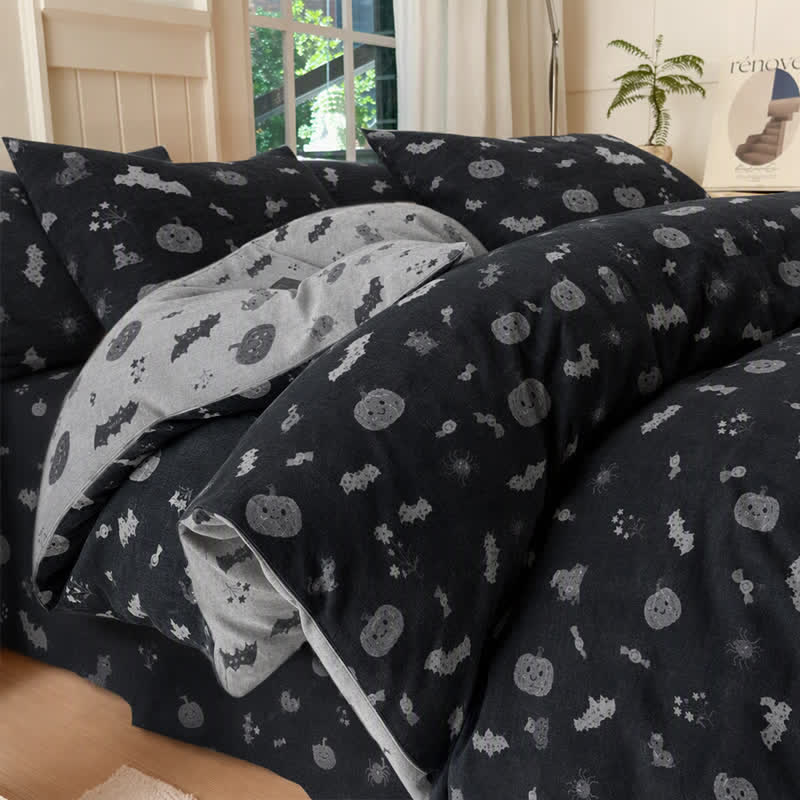 Halloween Pumpkin Bat Cotton 4-piece Duvet Bedding Set - Black - Bedding Set(4PCS) - King - image 0