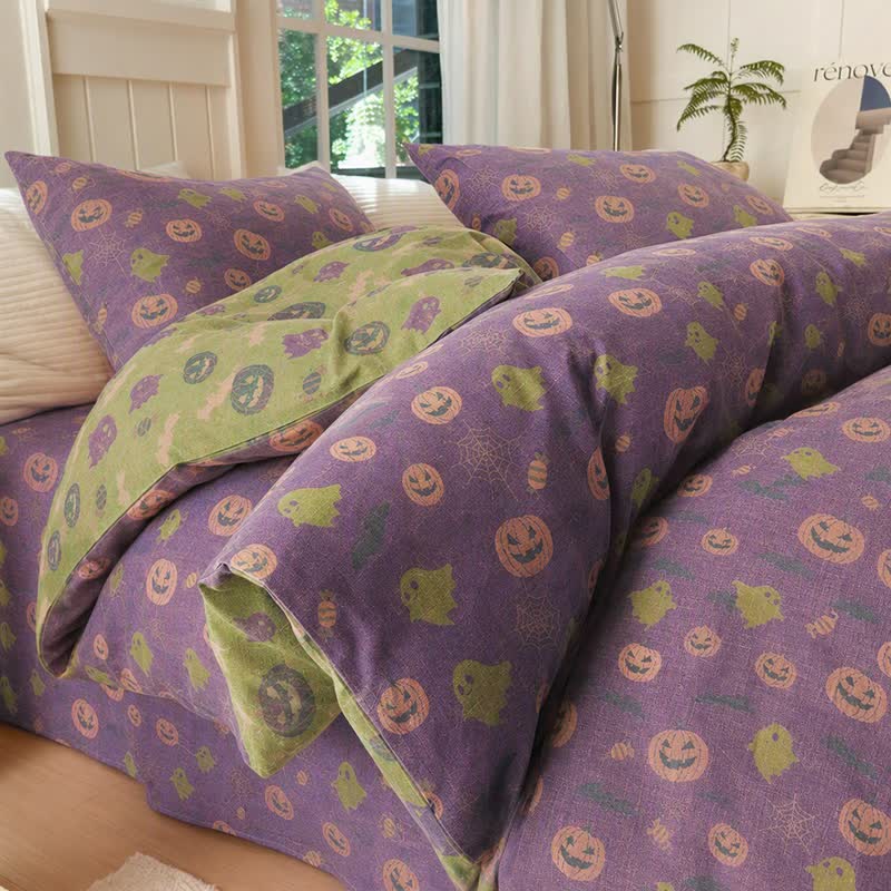 Multi‑Color Pumpkin Ghost Cotton 4-Piece Duvet Bedding Set - Deep Purple - Bedding Set(4PCS) - King - image 14