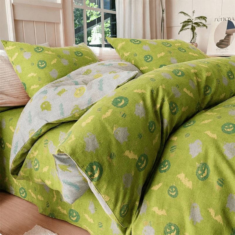 Multi‑Color Pumpkin Ghost Cotton 4-Piece Duvet Bedding Set - Green & Yellow - Bedding Set(4PCS) - King - image 7