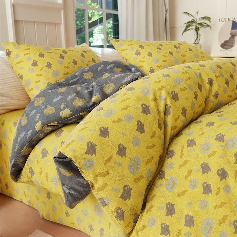 Multi‑Color Pumpkin Ghost Cotton 4-Piece Duvet Bedding Set - Yellow & Gray - Bedding Set(4PCS) - King - image 0