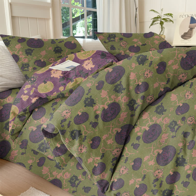 Halloween Pumpkin Monster Cotton 4-Piece Duvet Bedding Set - Green - Bedding Set(4PCS) - King - image 27