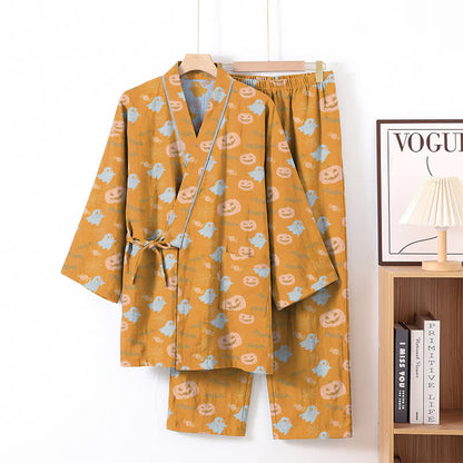 Halloween Ghost Pumpkin Cotton Kimono Pajama Set - Orange & Yellow - XL - image 1