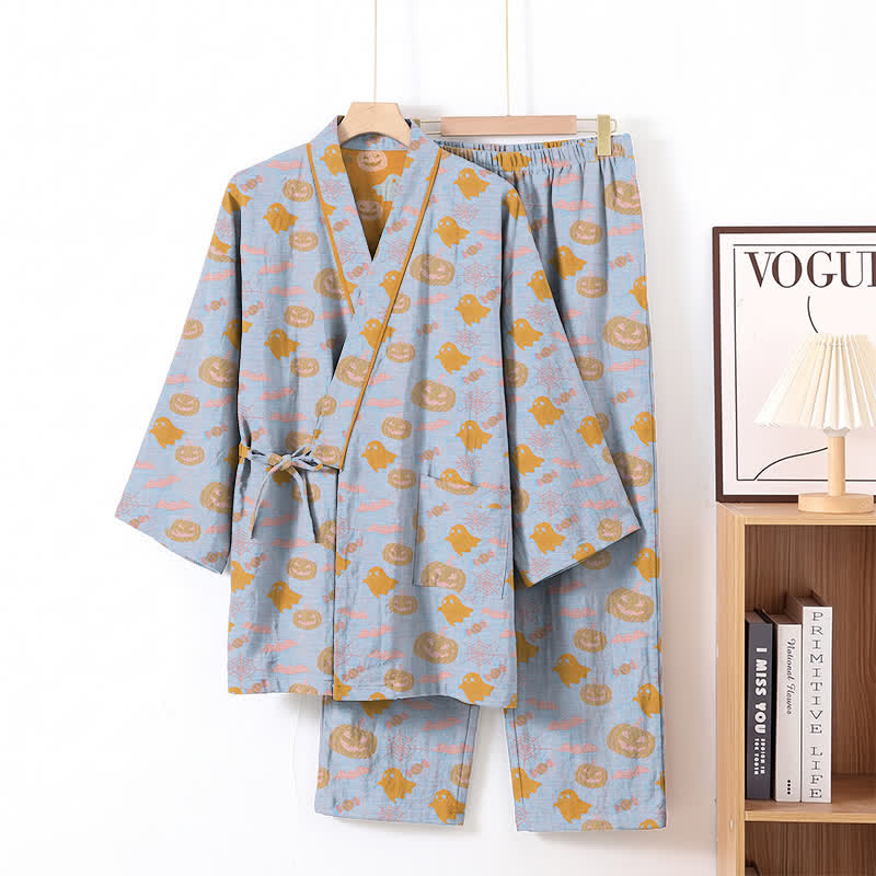 Halloween Ghost Pumpkin Cotton Kimono Pajama Set - Blue & Orange - XL - image 8