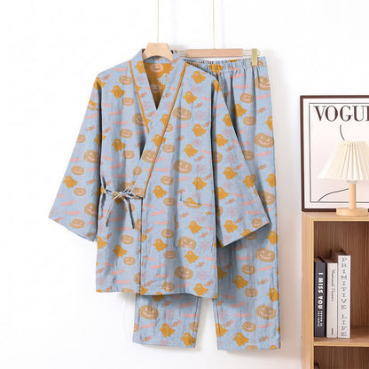 Halloween Ghost Pumpkin Cotton Kimono Pajama Set - Blue & Orange - XL - image 8