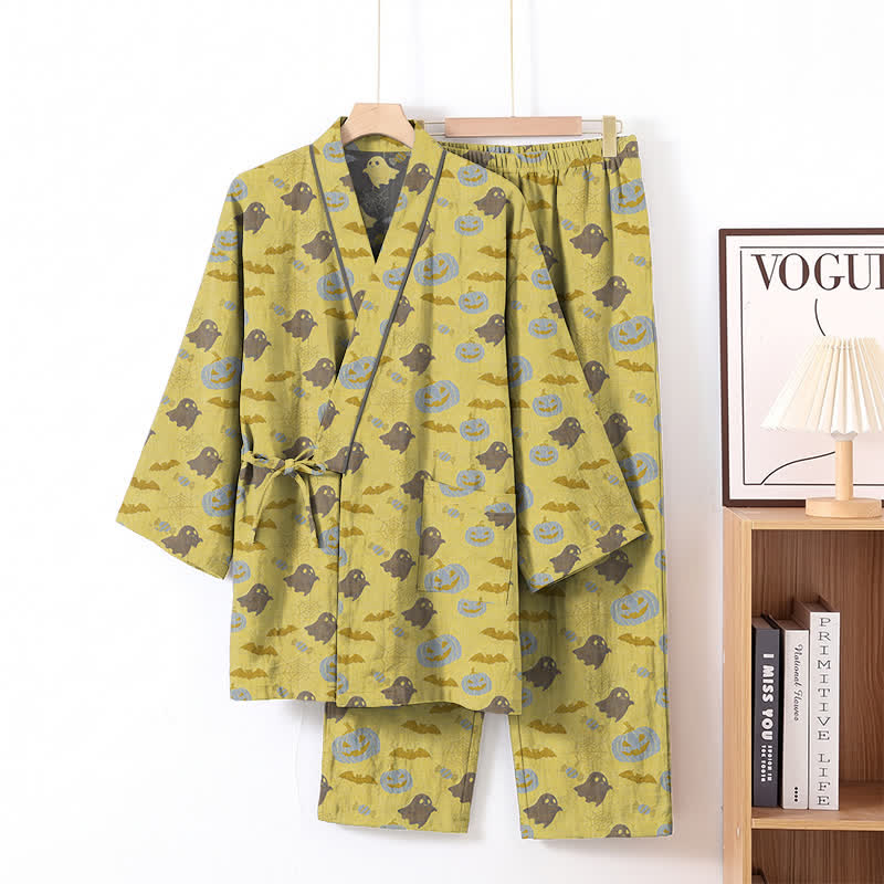 Halloween Ghost Pumpkin Cotton Kimono Pajama Set - Yellow & Gray - XL - image 16