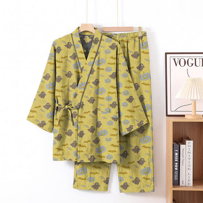Halloween Ghost Pumpkin Cotton Kimono Pajama Set - Yellow & Gray - XL - image 16
