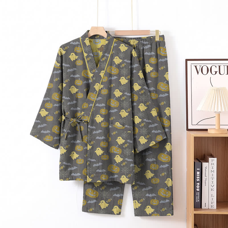 Halloween Ghost Pumpkin Cotton Kimono Pajama Set - Coffee & Yellow - XL - image 24