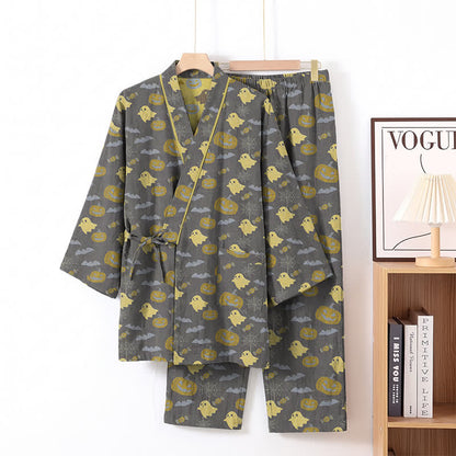 Halloween Ghost Pumpkin Cotton Kimono Pajama Set - Coffee & Yellow - XL - image 24