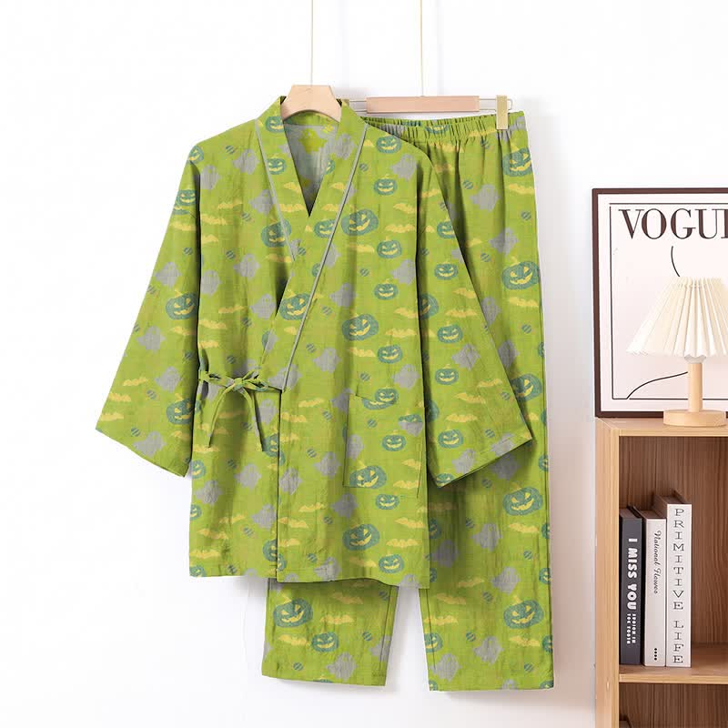 Halloween Ghost Pumpkin Cotton Kimono Pajama Set - Green & Yellow - XL - image 32