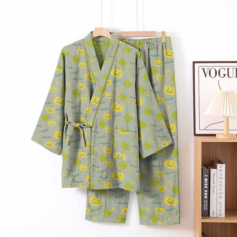 Halloween Ghost Pumpkin Cotton Kimono Pajama Set - Gray & Green - XL - image 40