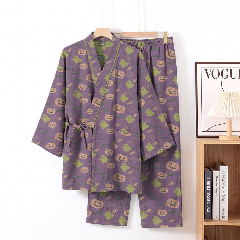 Halloween Ghost Pumpkin Cotton Kimono Pajama Set - Deep Purple - XL - image 48