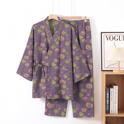 Halloween Ghost Pumpkin Cotton Kimono Pajama Set - Deep Purple - XL - image 48