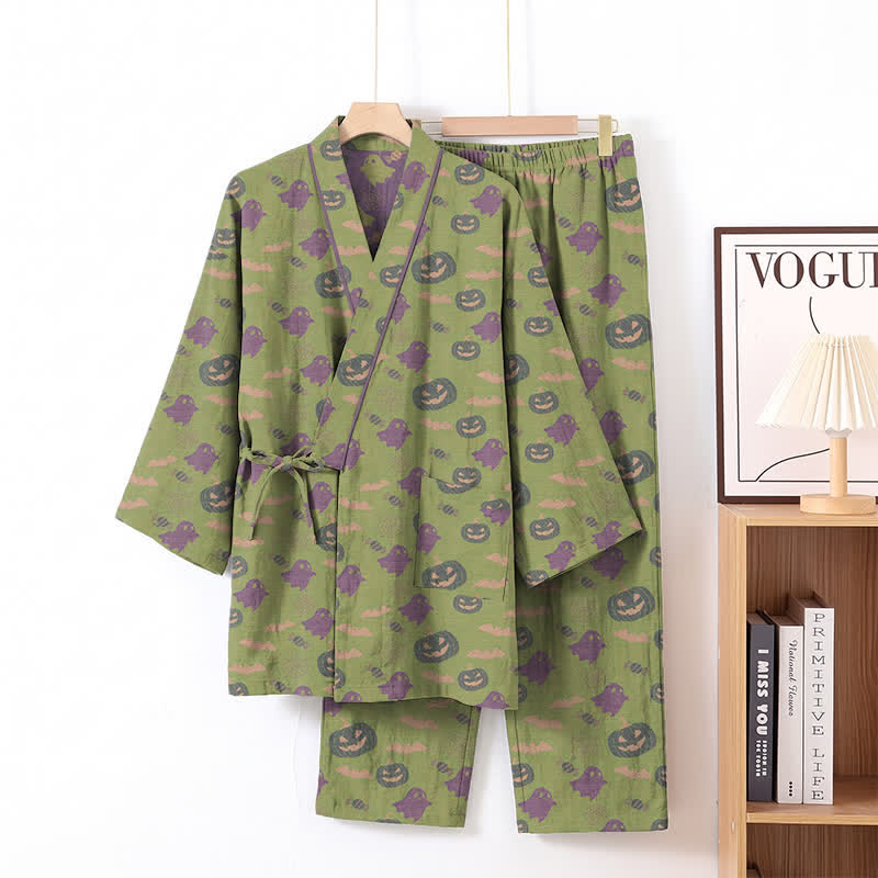 Halloween Ghost Pumpkin Cotton Kimono Pajama Set - Green & Purple - XL - image 56