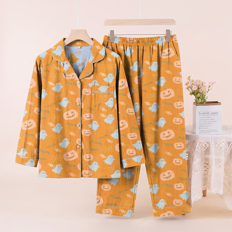Cute Ghost Pumpkin Cotton Loungewear Set - Orange & Yellow - XL - image 0