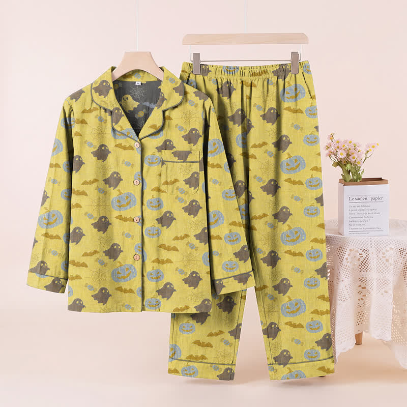 Cute Ghost Pumpkin Cotton Loungewear Set - Yellow & Gray - XL - image 12
