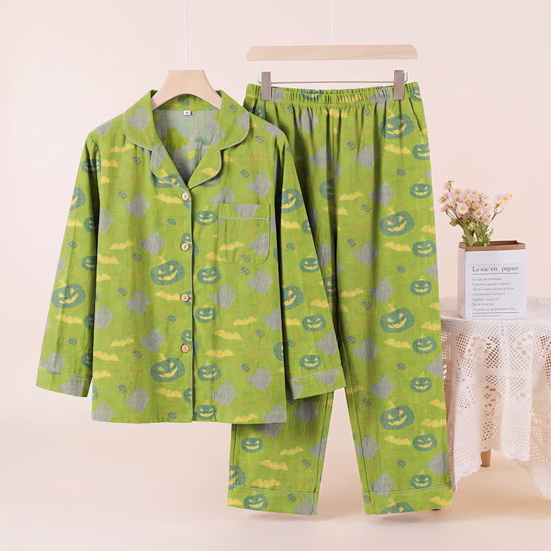 Cute Ghost Pumpkin Cotton Loungewear Set - Green & Yellow - XL - image 24