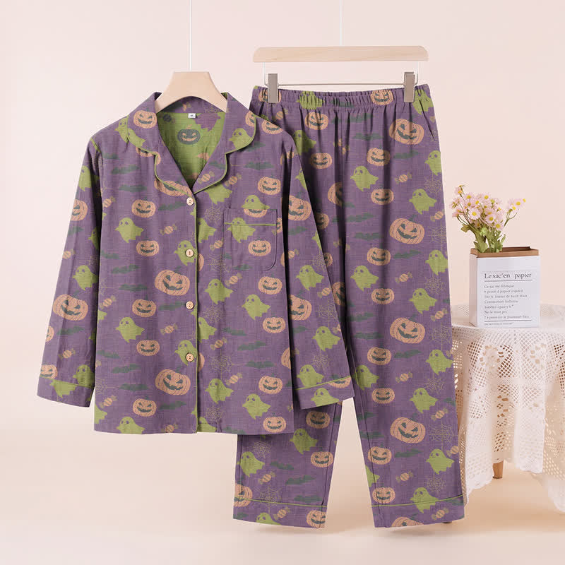 Cute Ghost Pumpkin Cotton Loungewear Set - Deep Purple - XL - image 36